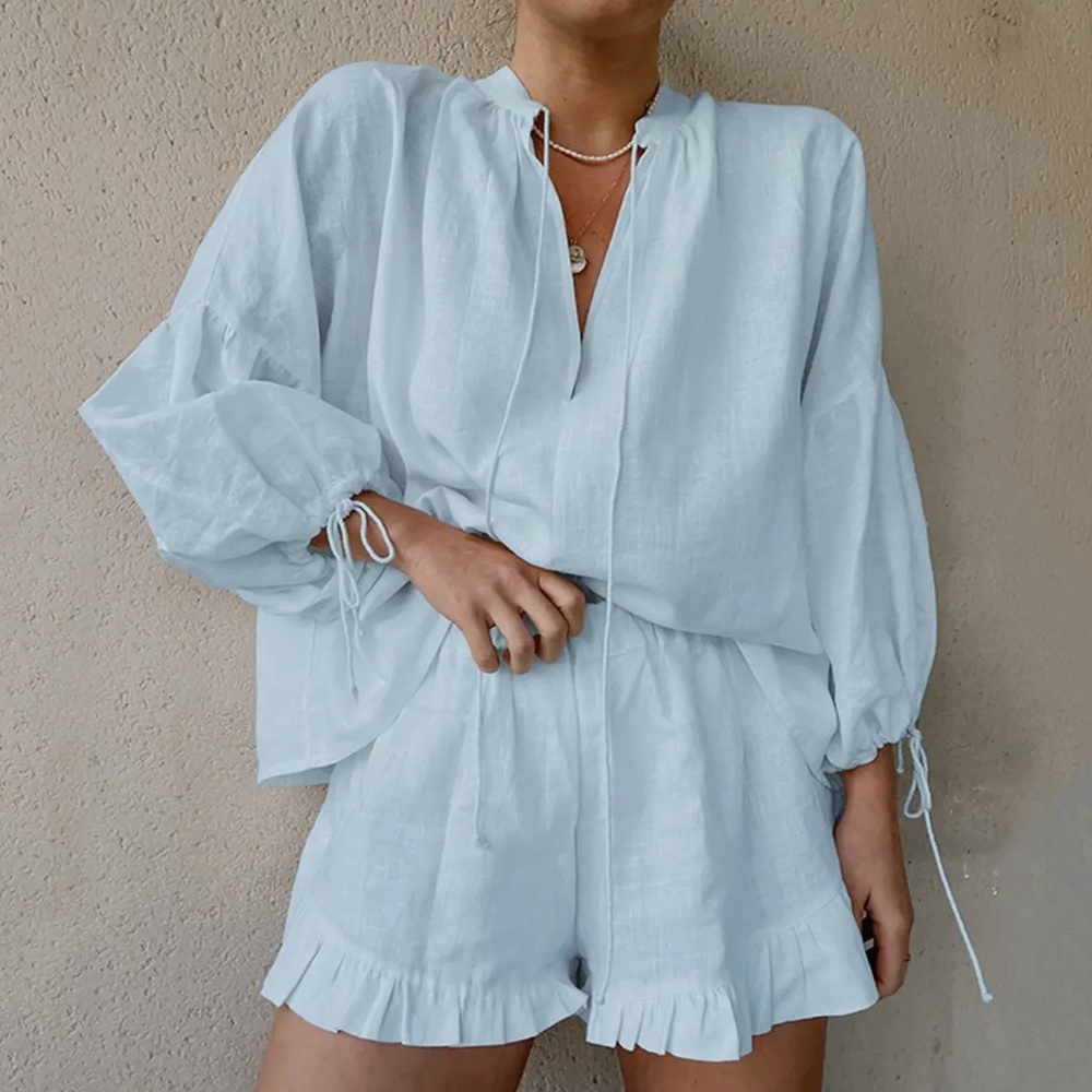 Light Blue Linen Blouse and Shorts Set